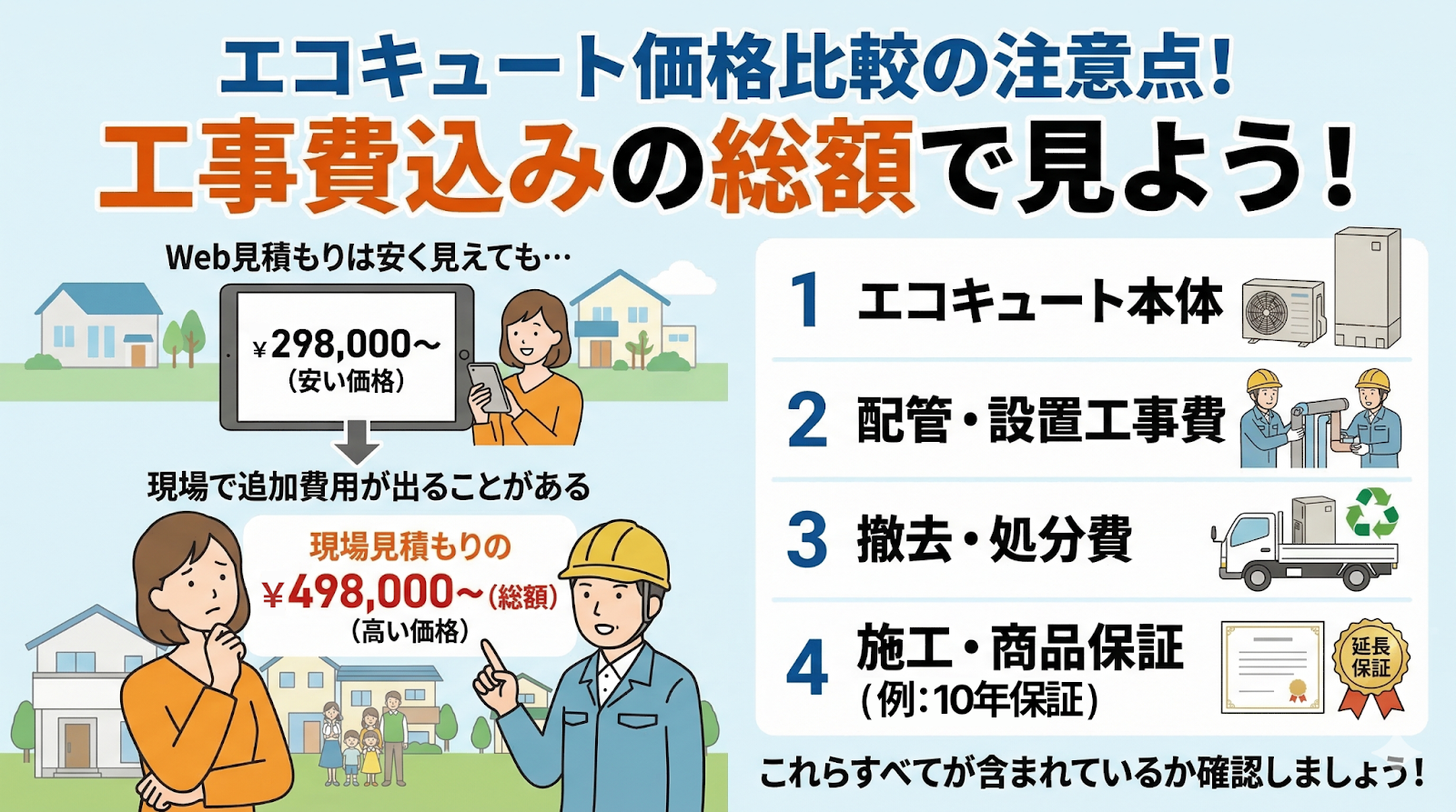エコキュート価格比較の注意点！工事費込みの総額で見よう！Web見積もりは安く見えても、現場で追加費用が出ることがある。エコキュート本体の価格、配管・設置工事費、撤去・処分費、施工・商品保証、これらのすべてがふくまれているか確認しましょう！