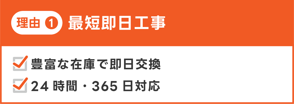 理由１。最短即日工事。豊富な在庫で即日交換。24時間、365日対応。