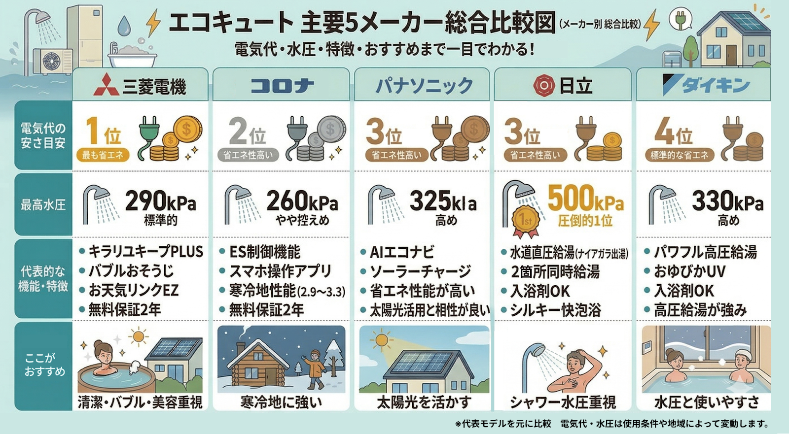 エコキュート主要5メーカー総合比較図。電気代・特徴・おすすめまで一目でわかる！ 代表モデルをもとに比較。電気代・水圧は使用条件や地域によって変動します。 三菱電機。電気代の安さ目安1位、最高水圧290kPaで標準的、代表的な機能・特徴はキラリユキープPLUS、バブルおそうじ、お天気リンクEZ、無料保証2年、おすすめな人は清潔・バブル・美容重視な人。 コロナ。電気代の安さ目安2位、最高水圧260kPaでやや控えめ、代表的な機能・特徴はES制御機能、スマホ操作アプリ、寒冷地性能の高さ、無料保証2年。おすすめな人は寒冷地に強い機種がほしい人。 パナソニック。電気代の安さ目安3位、最高水圧325kPaで高め、代表的な機能・特徴はAIエコナビ、。ソーラーチャージ、省エネ性能が高い、太陽光活用と相性が良い。おすすめな人は太陽光を活かしたい人。 日立。電気代の安さ目安3位、最高水圧500kPaで圧倒的1位、代表的な機能・特徴は水道直圧給湯、2か所同時給湯、入浴剤OK、シルキー快泡浴。おすすめな人はシャワーの水圧重視な人。 ダイキン。電気代の安さ目安4位、最高水圧330kPaで高め、代表的な機能・特徴はパワフル高圧給湯、おゆぴかUV、入浴剤OK、高圧給湯。おすすめな人は水圧と使いやすさ重視の人。